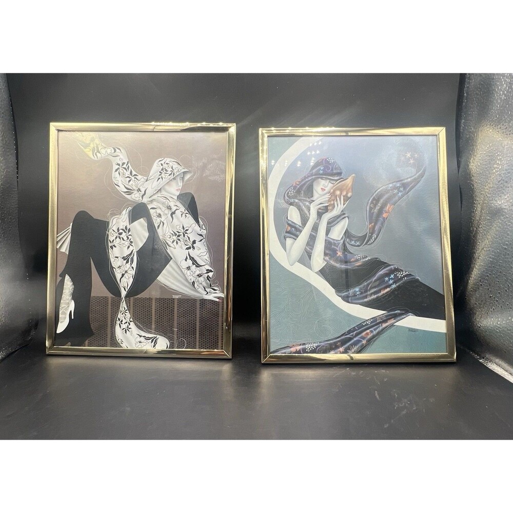 Vintage 1980s Ferraro Glam Girl Prints on Mirror Art Deco Pair 8x10 Framed